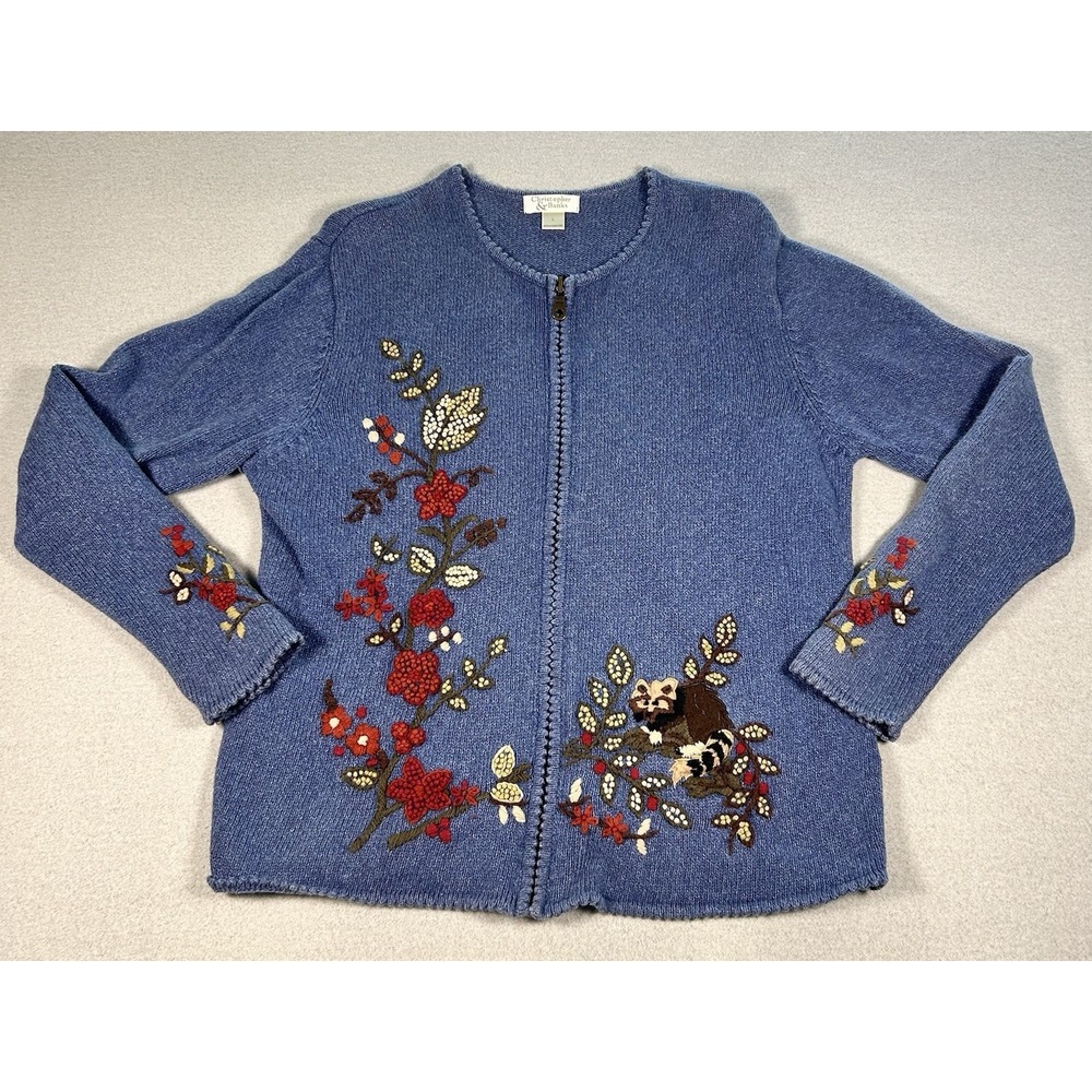 VTG Hand Embroidered Knit Cardigan Sweater Zip Up Racoon LARGE RARE WOW!!
